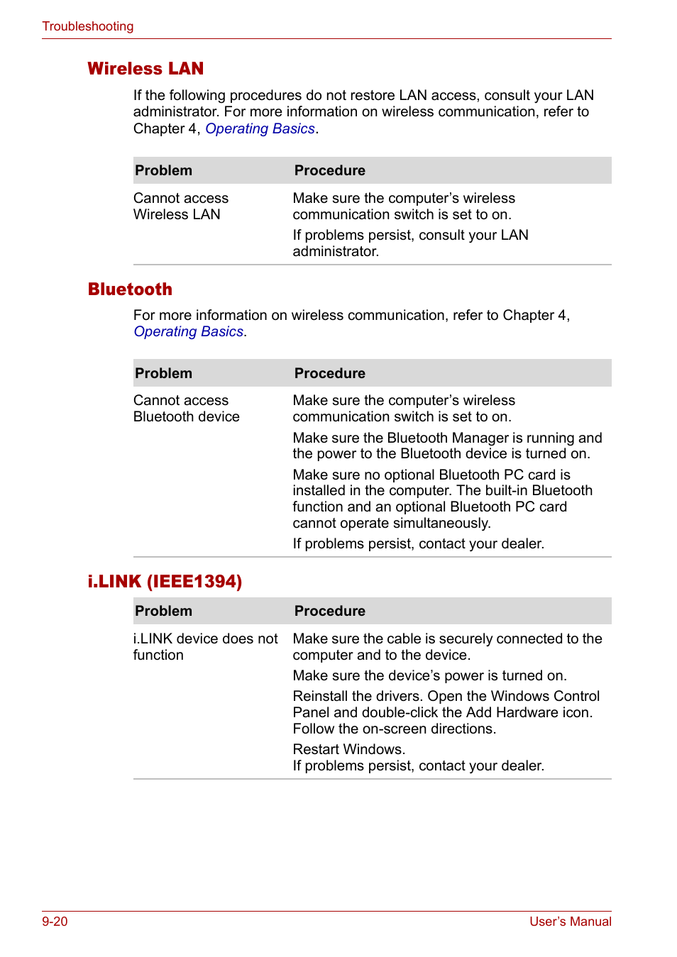 Wireless lan, Bluetooth, I.link (ieee1394) | Toshiba Satellite M40 (PSM42) User Manual | Page 159 / 191