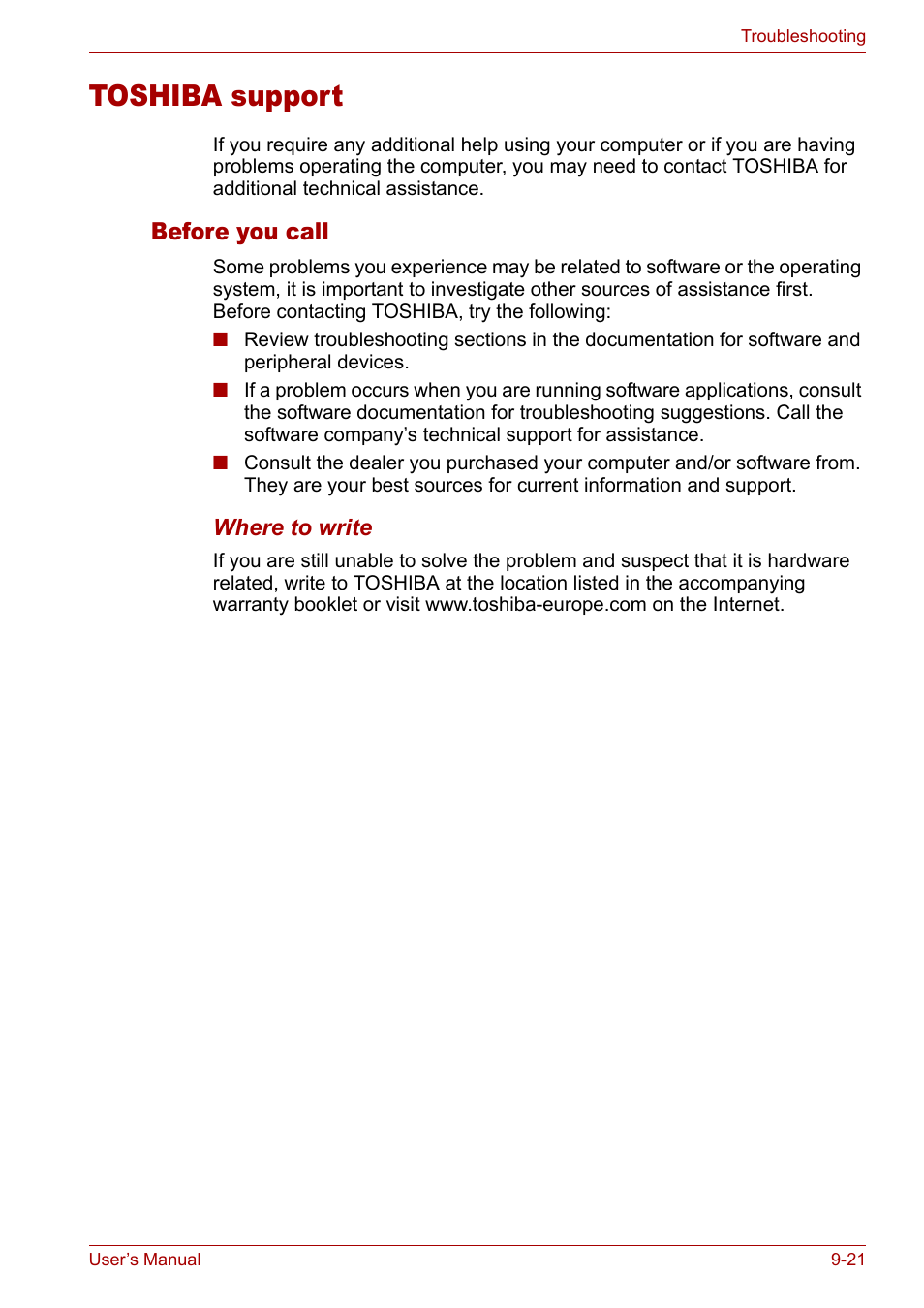 Toshiba support, Toshiba support -21, Before you call | Toshiba Satellite M40 (PSM42) User Manual | Page 160 / 191