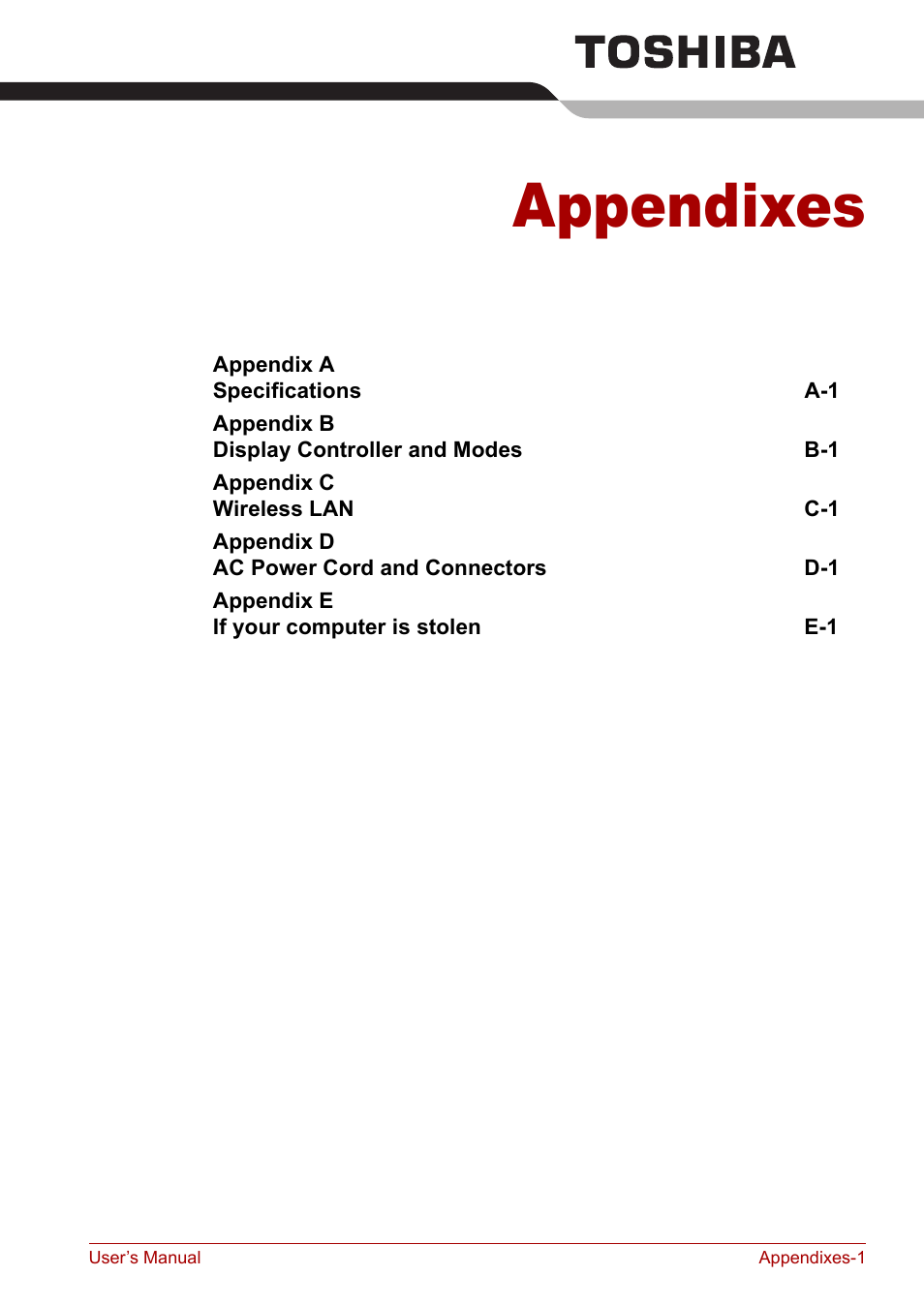 Appendixes | Toshiba Satellite M40 (PSM42) User Manual | Page 161 / 191