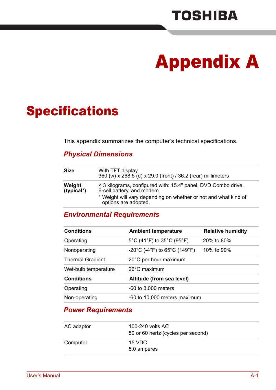 Appendix a: specifications, Appendix a, Specifications | Toshiba Satellite M40 (PSM42) User Manual | Page 162 / 191