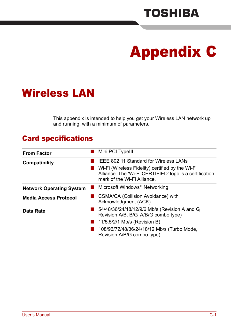 Appendix c: wireless lan, Card specifications, Appendix c | Wireless lan, S for | Toshiba Satellite M40 (PSM42) User Manual | Page 166 / 191