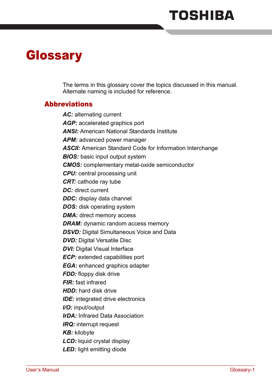 Glossary | Toshiba Satellite M40 (PSM42) User Manual | Page 176 / 191