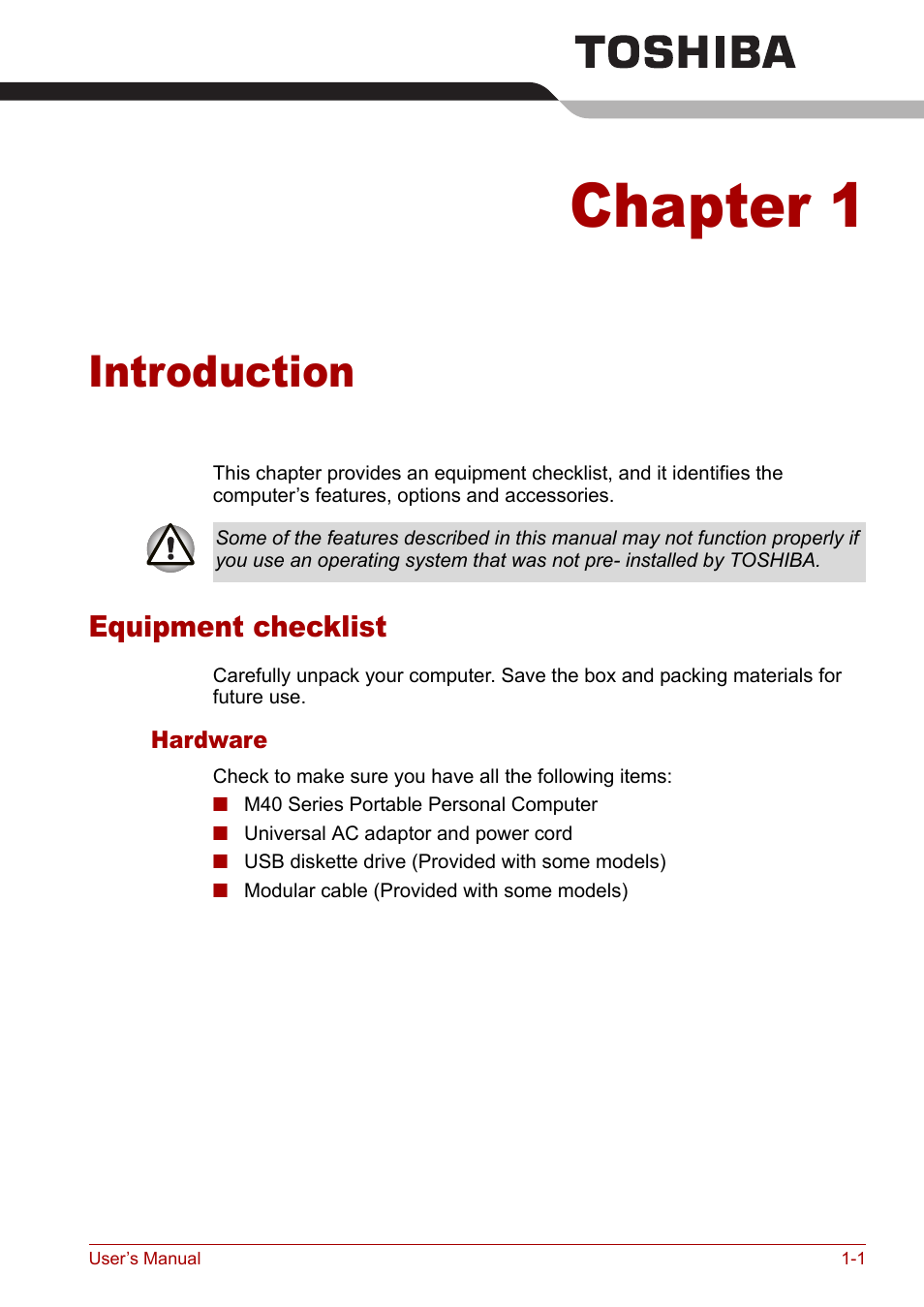 Chapter 1: introduction, Equipment checklist, Introduction | N of the, Chapter 1, Equipment checklist -1 | Toshiba Satellite M40 (PSM42) User Manual | Page 19 / 191