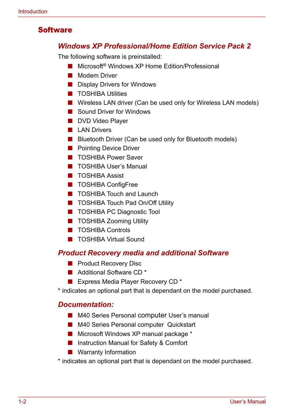 Software | Toshiba Satellite M40 (PSM42) User Manual | Page 20 / 191
