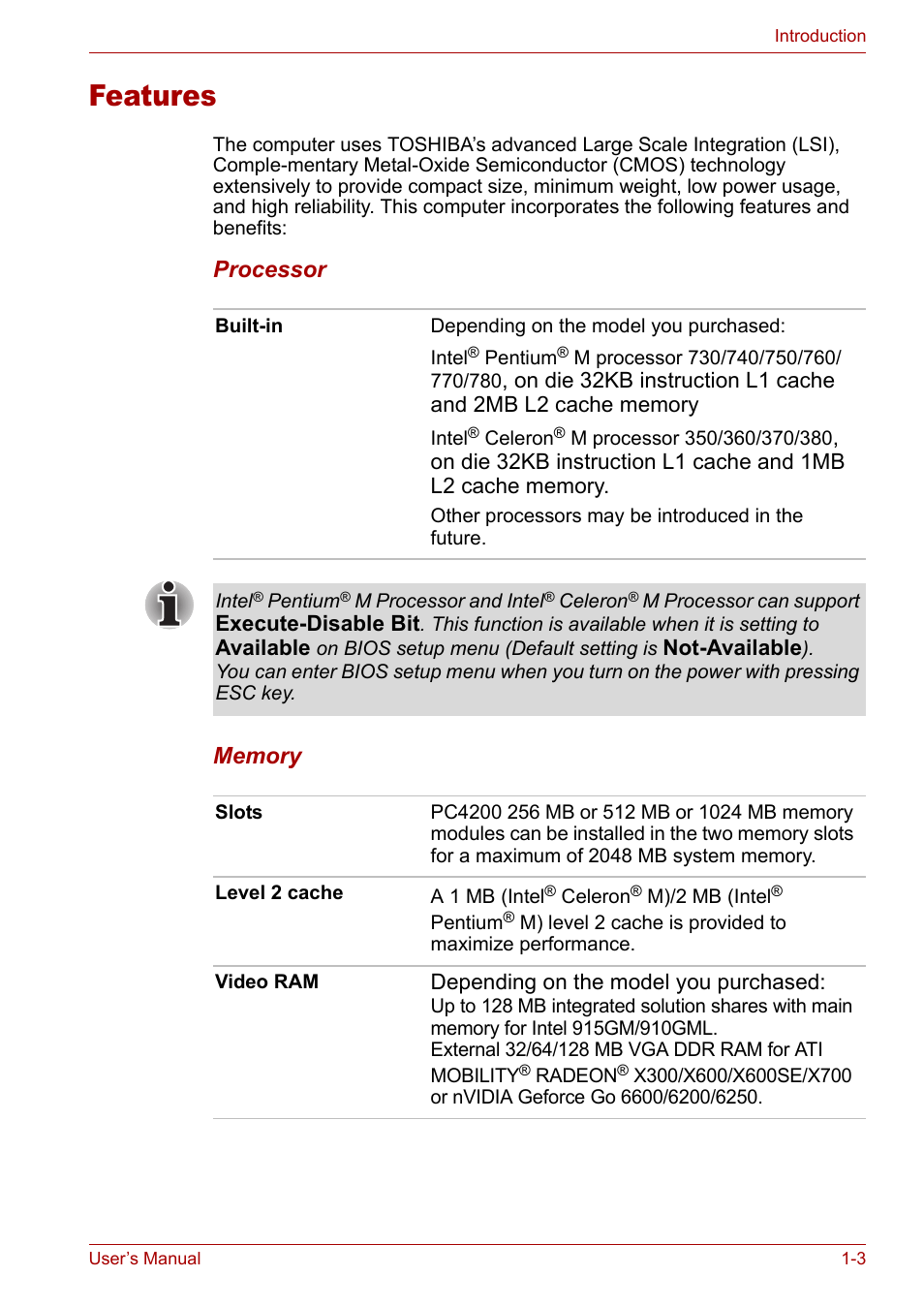 Features, Features -3 | Toshiba Satellite M40 (PSM42) User Manual | Page 21 / 191