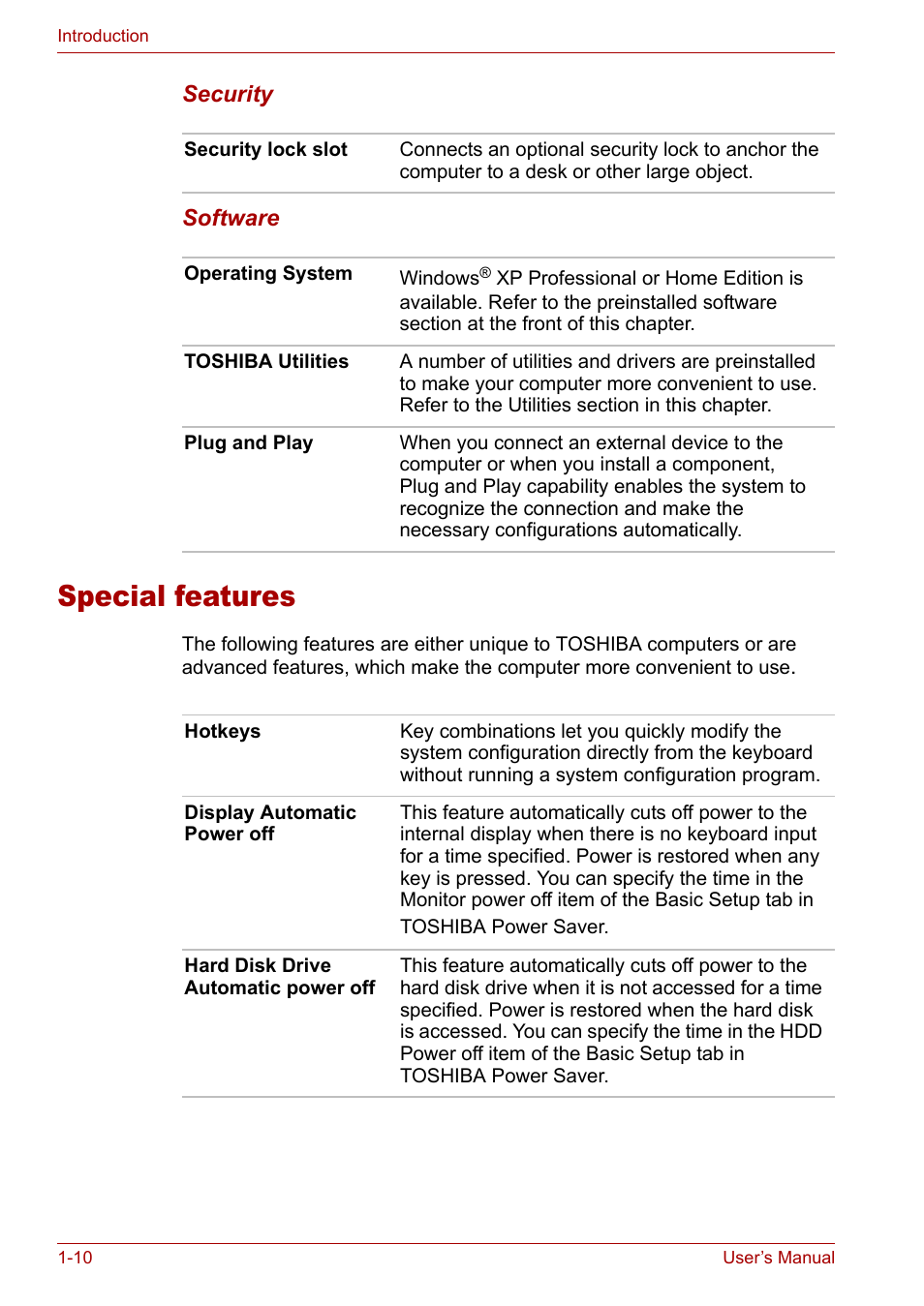 Special features, Special features -10 | Toshiba Satellite M40 (PSM42) User Manual | Page 28 / 191