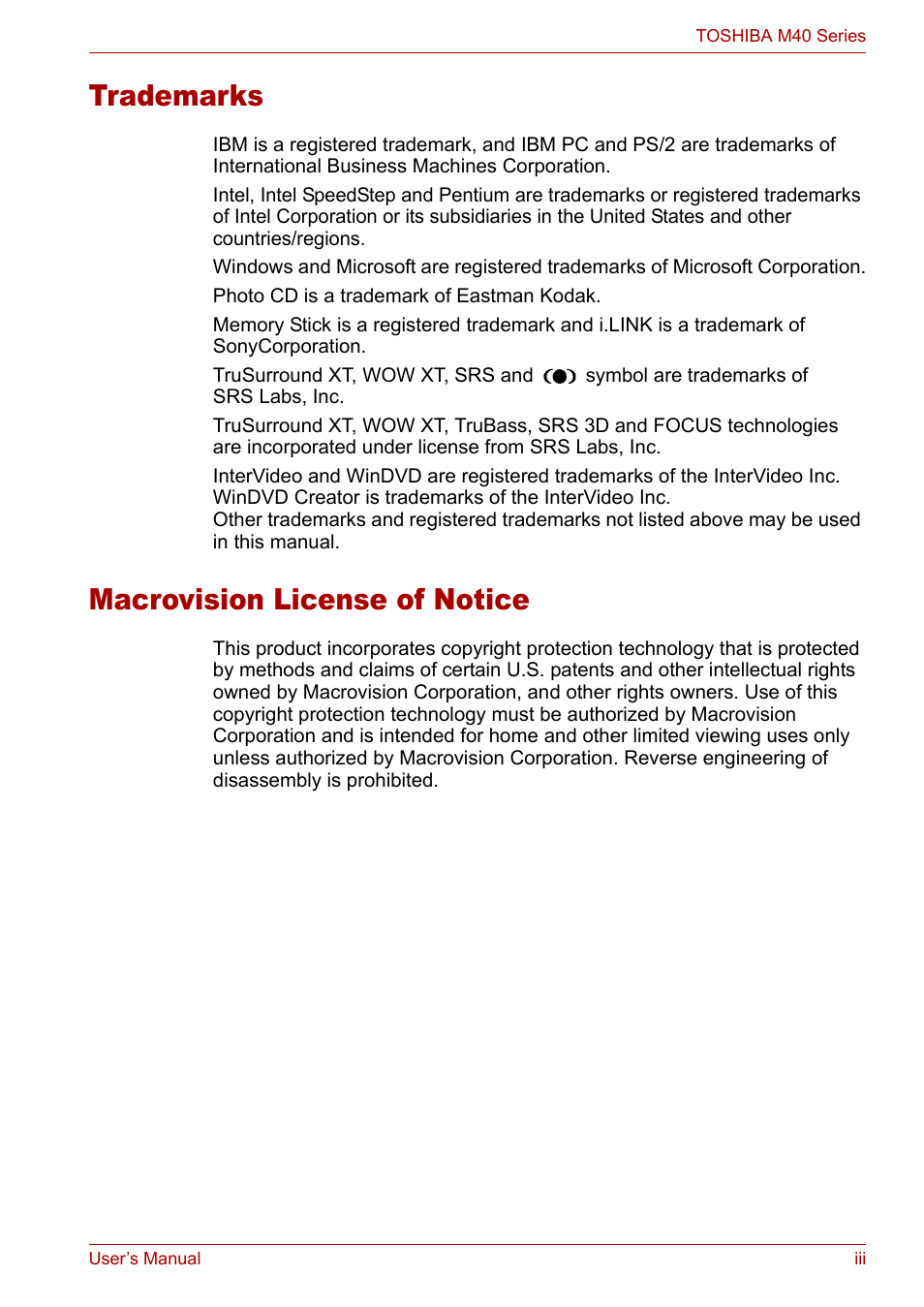 Trademarks, Macrovision license of notice | Toshiba Satellite M40 (PSM42) User Manual | Page 3 / 191