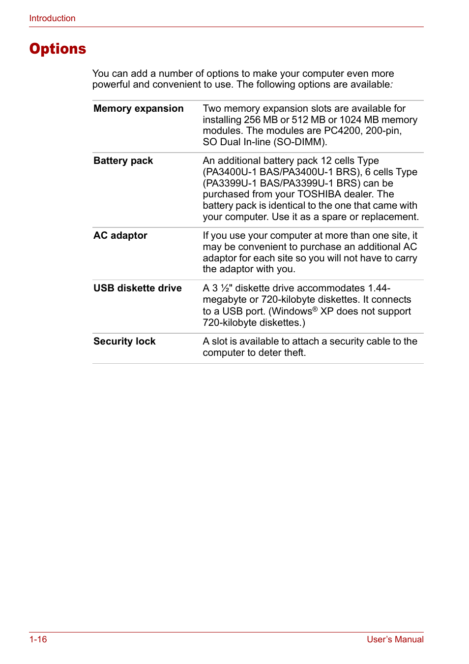 Options, Options -16 | Toshiba Satellite M40 (PSM42) User Manual | Page 34 / 191