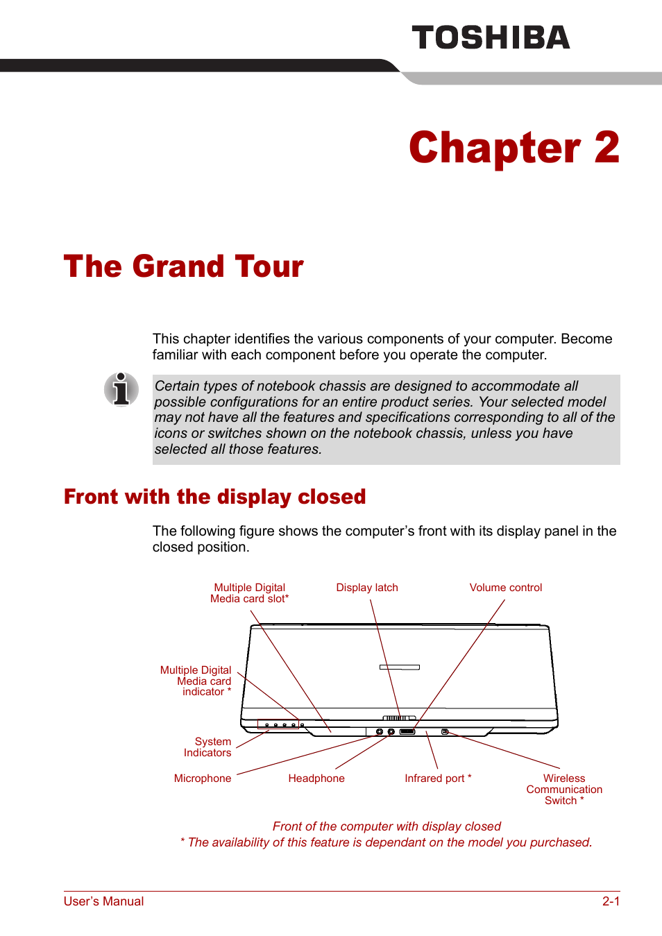 Chapter 2: the grand tour, Front with the display closed, The grand tour | Chapter 2, Front with the display closed -1 | Toshiba Satellite M40 (PSM42) User Manual | Page 35 / 191