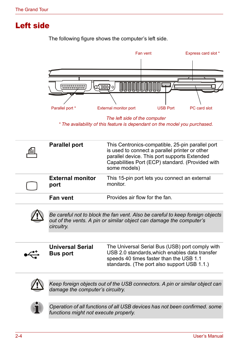 Left side, Left side -4 | Toshiba Satellite M40 (PSM42) User Manual | Page 38 / 191