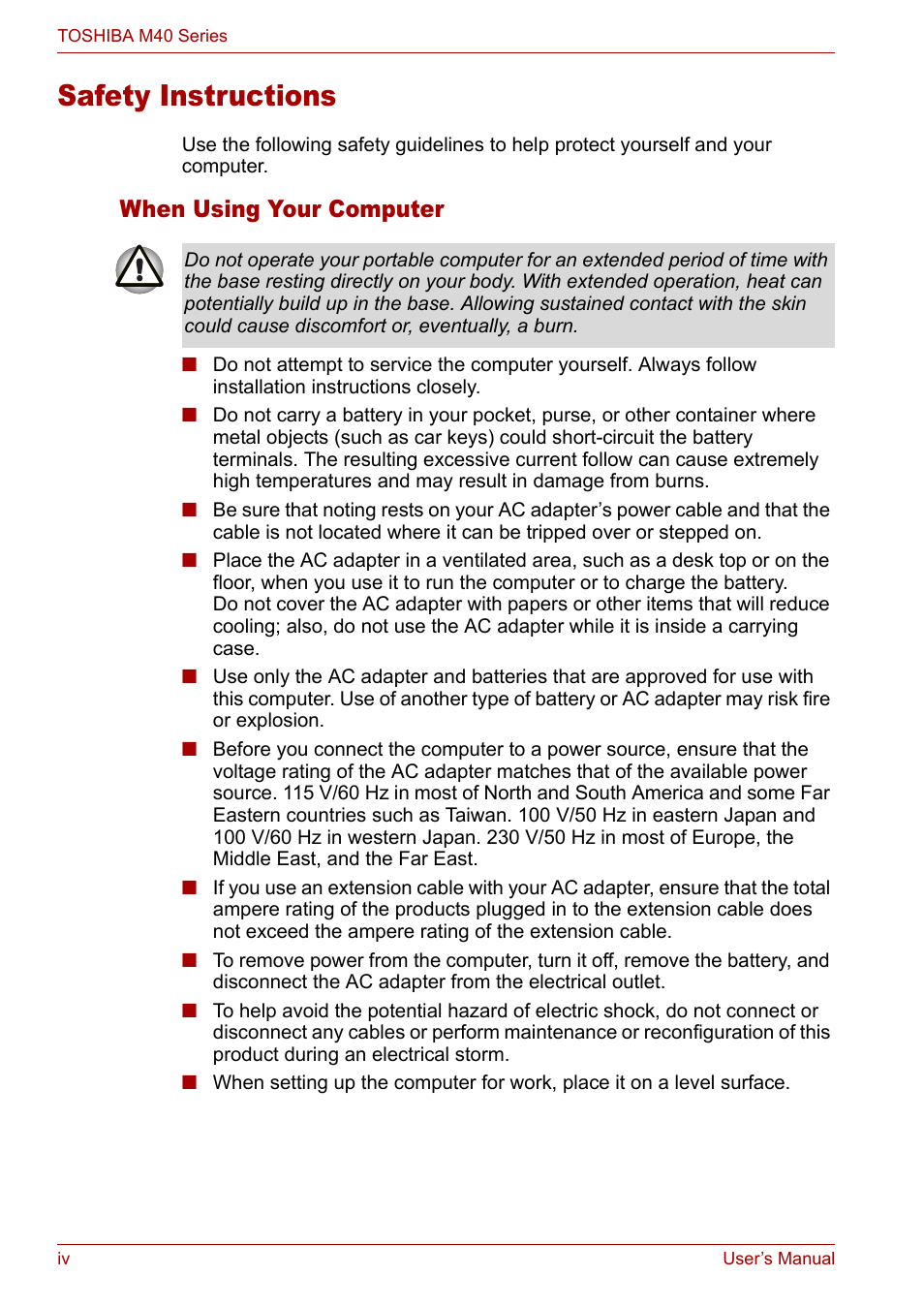 Safety instructions, When using your computer | Toshiba Satellite M40 (PSM42) User Manual | Page 4 / 191
