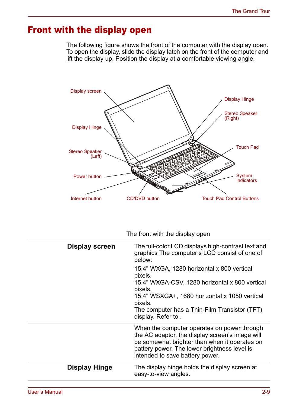 Front with the display open, Front with the display open -9, Display screen | Display hinge | Toshiba Satellite M40 (PSM42) User Manual | Page 43 / 191