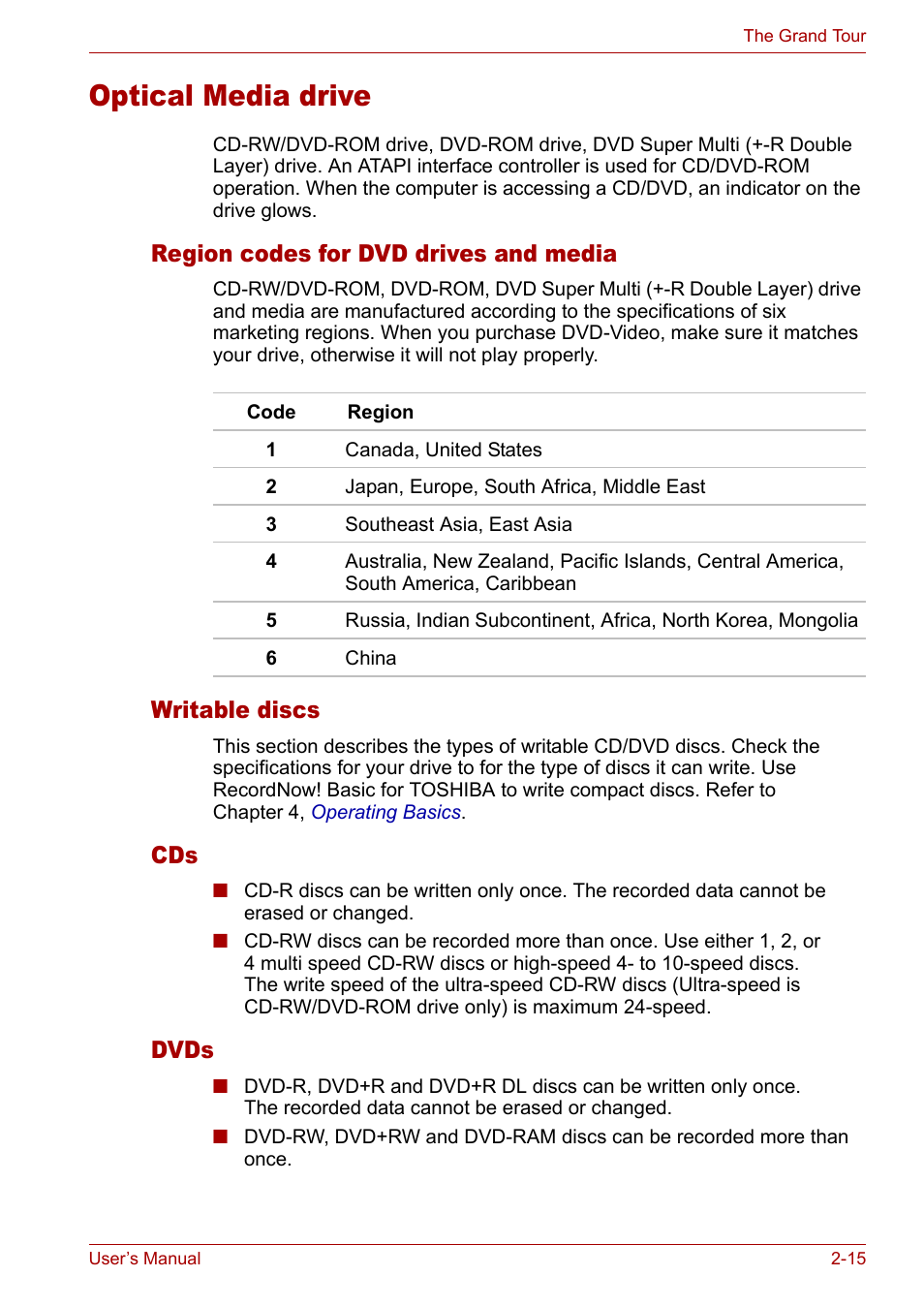 Optical media drive, Optical media drive -15, Region codes for dvd drives and media | Writable discs, Dvds | Toshiba Satellite M40 (PSM42) User Manual | Page 49 / 191