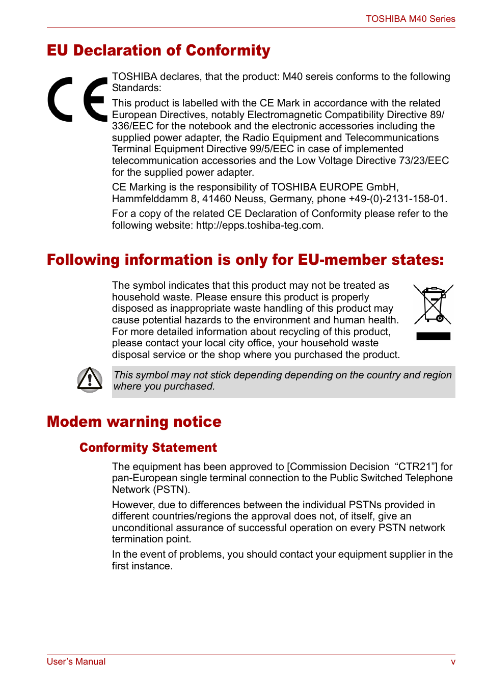 Modem warning notice | Toshiba Satellite M40 (PSM42) User Manual | Page 5 / 191