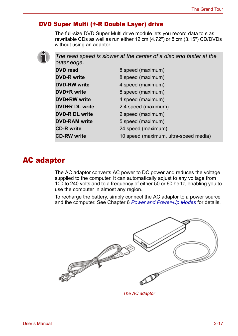 Ac adaptor, Ac adaptor -17, Dvd super multi (+-r double layer) drive | Toshiba Satellite M40 (PSM42) User Manual | Page 51 / 191