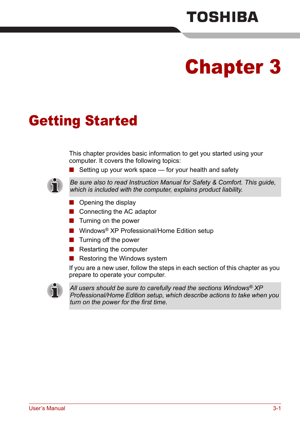 Chapter 3: getting started, Getting started, Provid | Chapter 3 | Toshiba Satellite M40 (PSM42) User Manual | Page 53 / 191