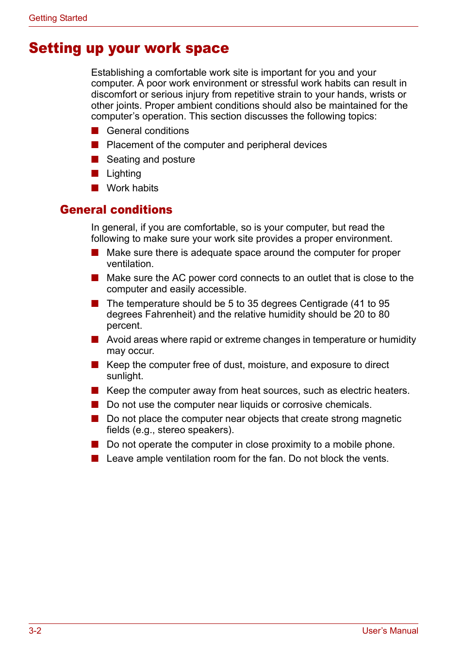 Setting up your work space, Setting up your work space -2, General conditions | Toshiba Satellite M40 (PSM42) User Manual | Page 54 / 191
