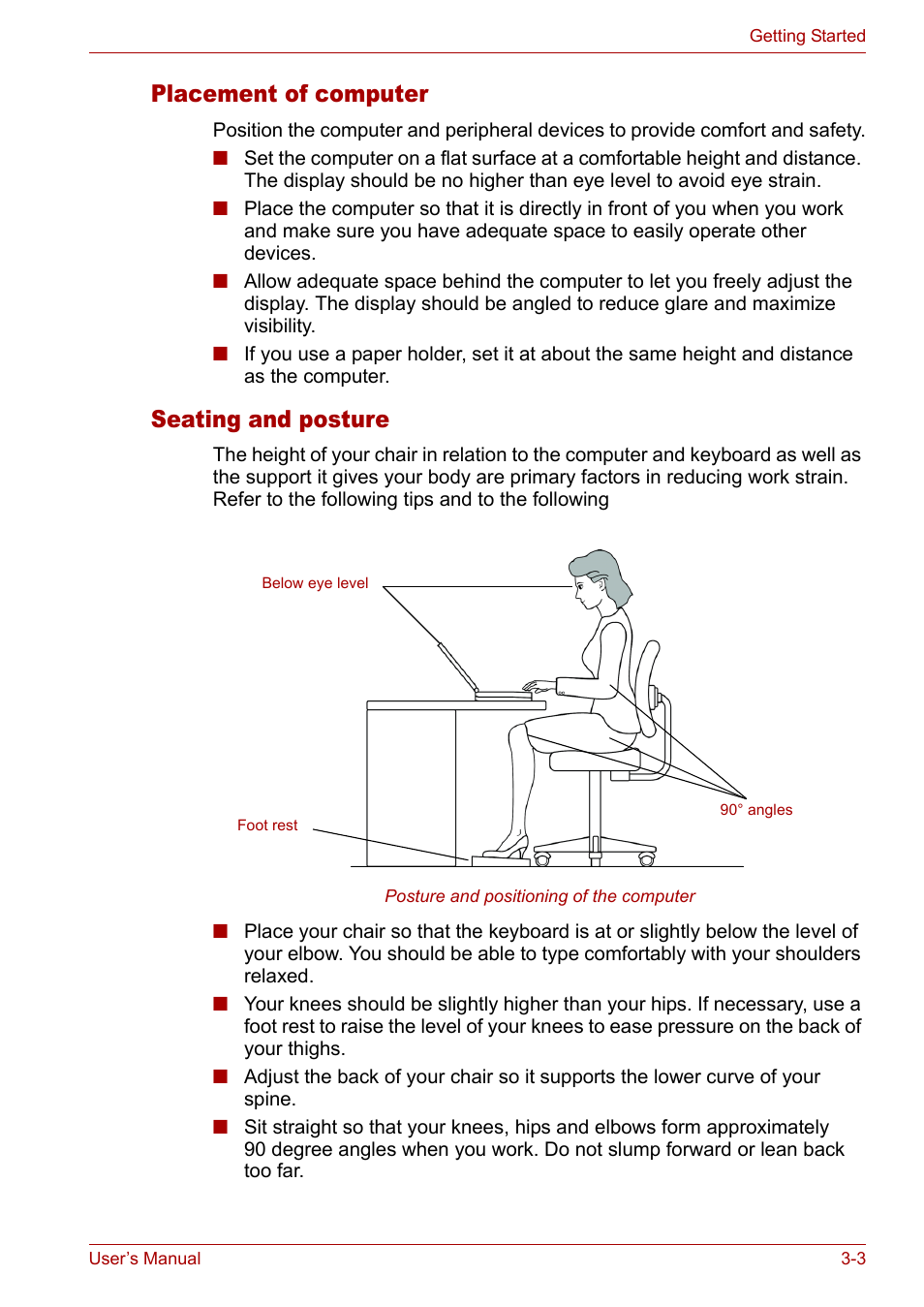 Placement of computer, Seating and posture | Toshiba Satellite M40 (PSM42) User Manual | Page 55 / 191