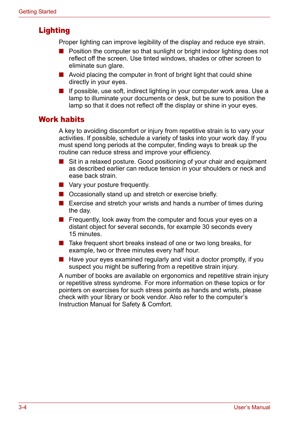 Lighting, Work habits | Toshiba Satellite M40 (PSM42) User Manual | Page 56 / 191