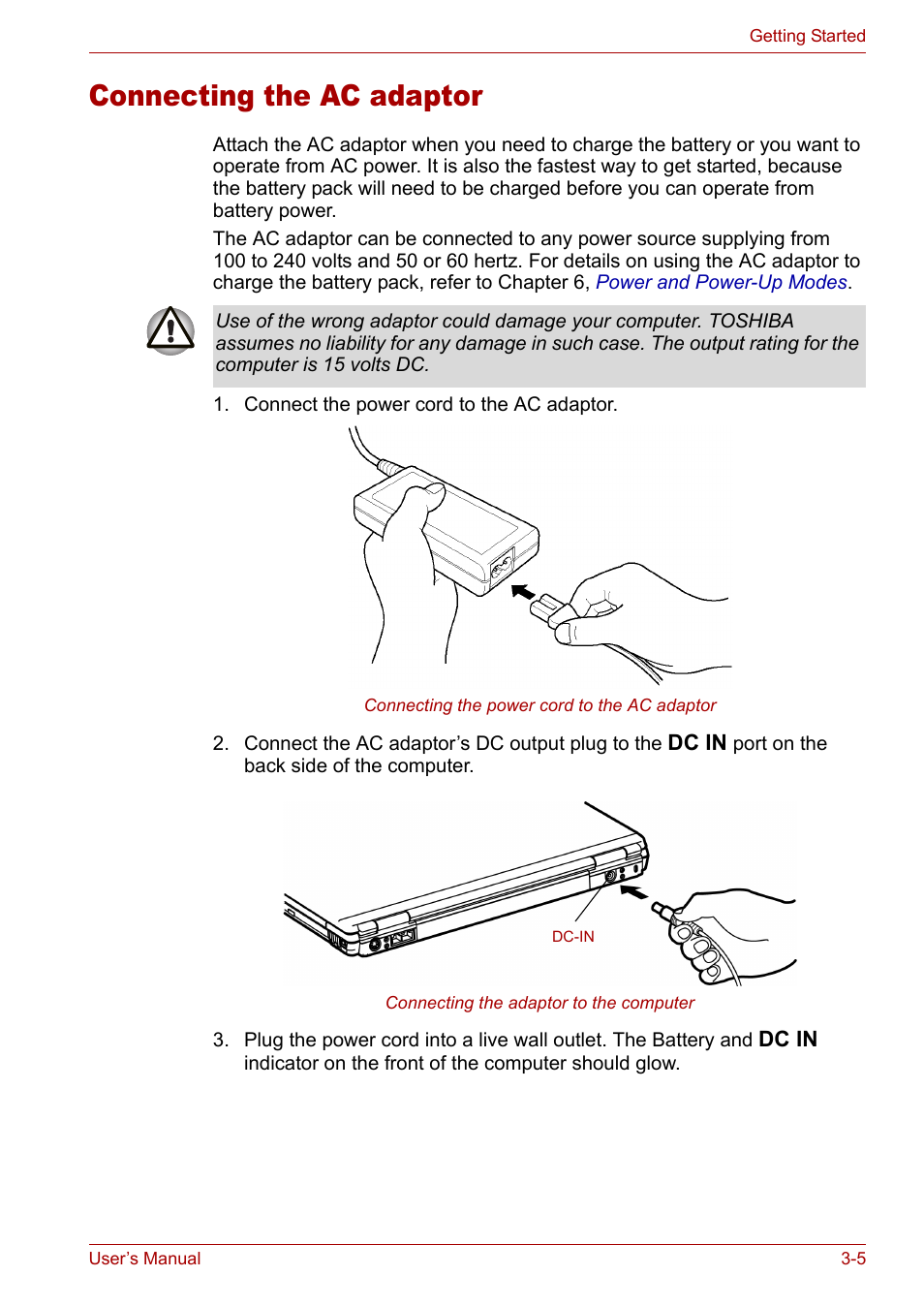 Connecting the ac adaptor, Connecting the ac adaptor -5 | Toshiba Satellite M40 (PSM42) User Manual | Page 57 / 191