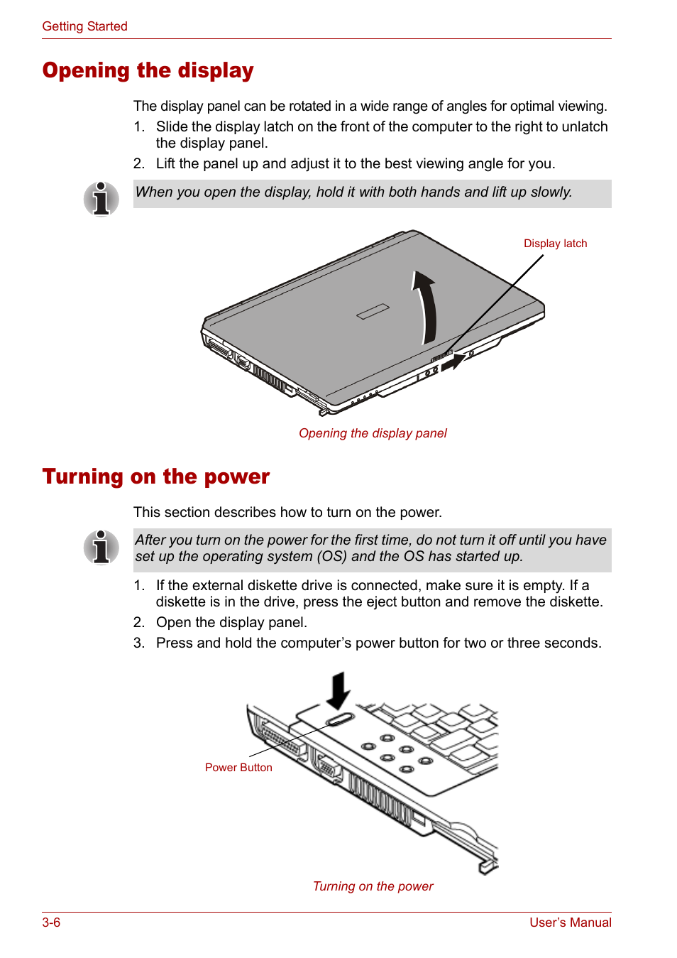 Opening the display, Turning on the power, Opening the display -6 turning on the power -6 | Toshiba Satellite M40 (PSM42) User Manual | Page 58 / 191