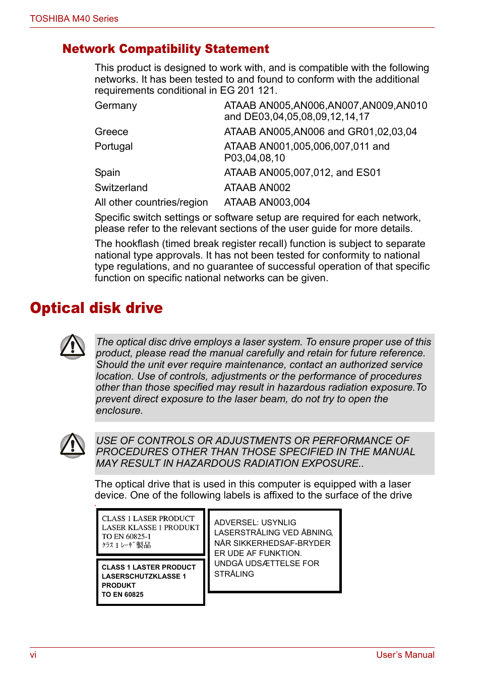 Optical disk drive, Network compatibility statement | Toshiba Satellite M40 (PSM42) User Manual | Page 6 / 191