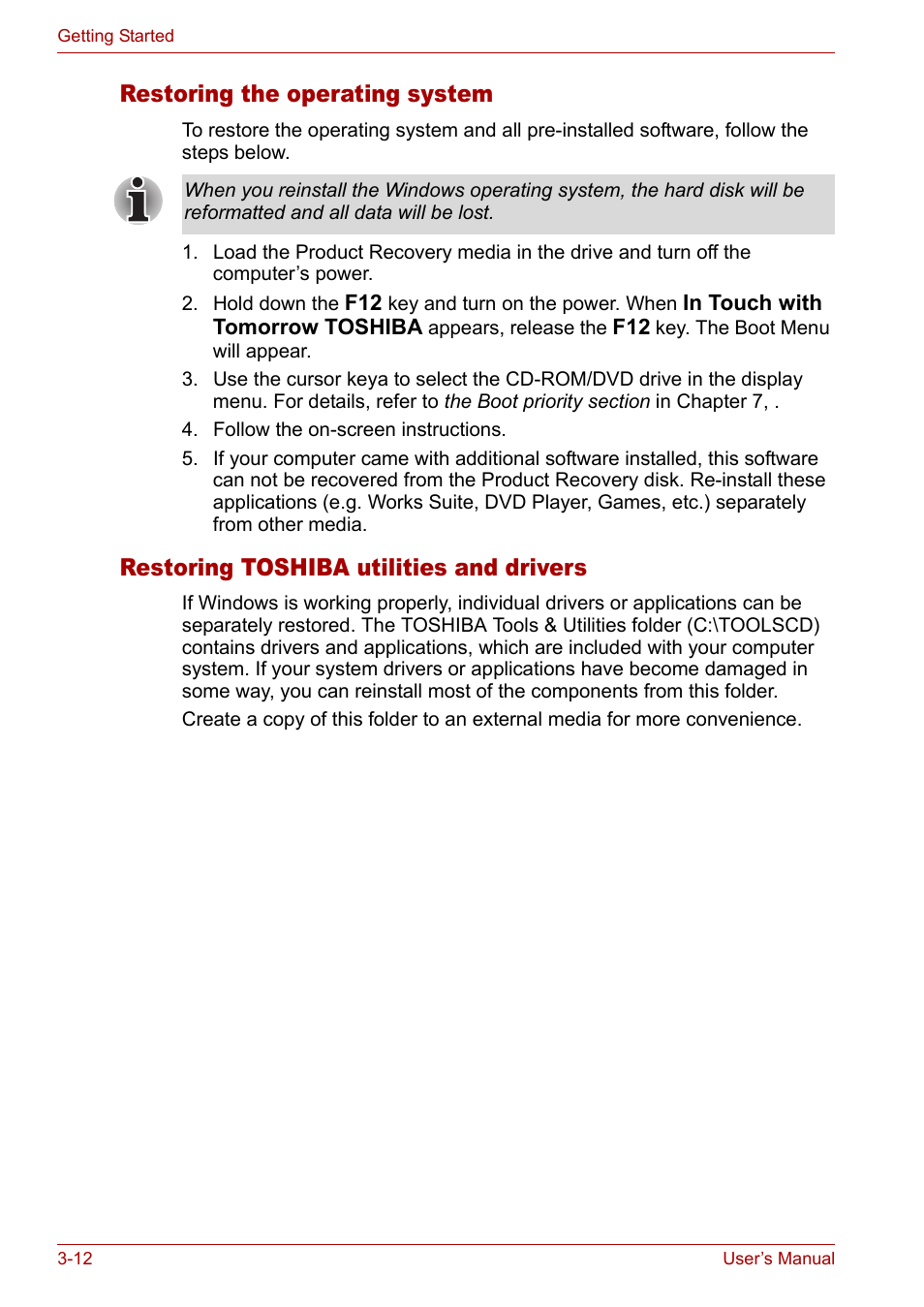 Restoring the operating system, Restoring toshiba utilities and drivers | Toshiba Satellite M40 (PSM42) User Manual | Page 64 / 191