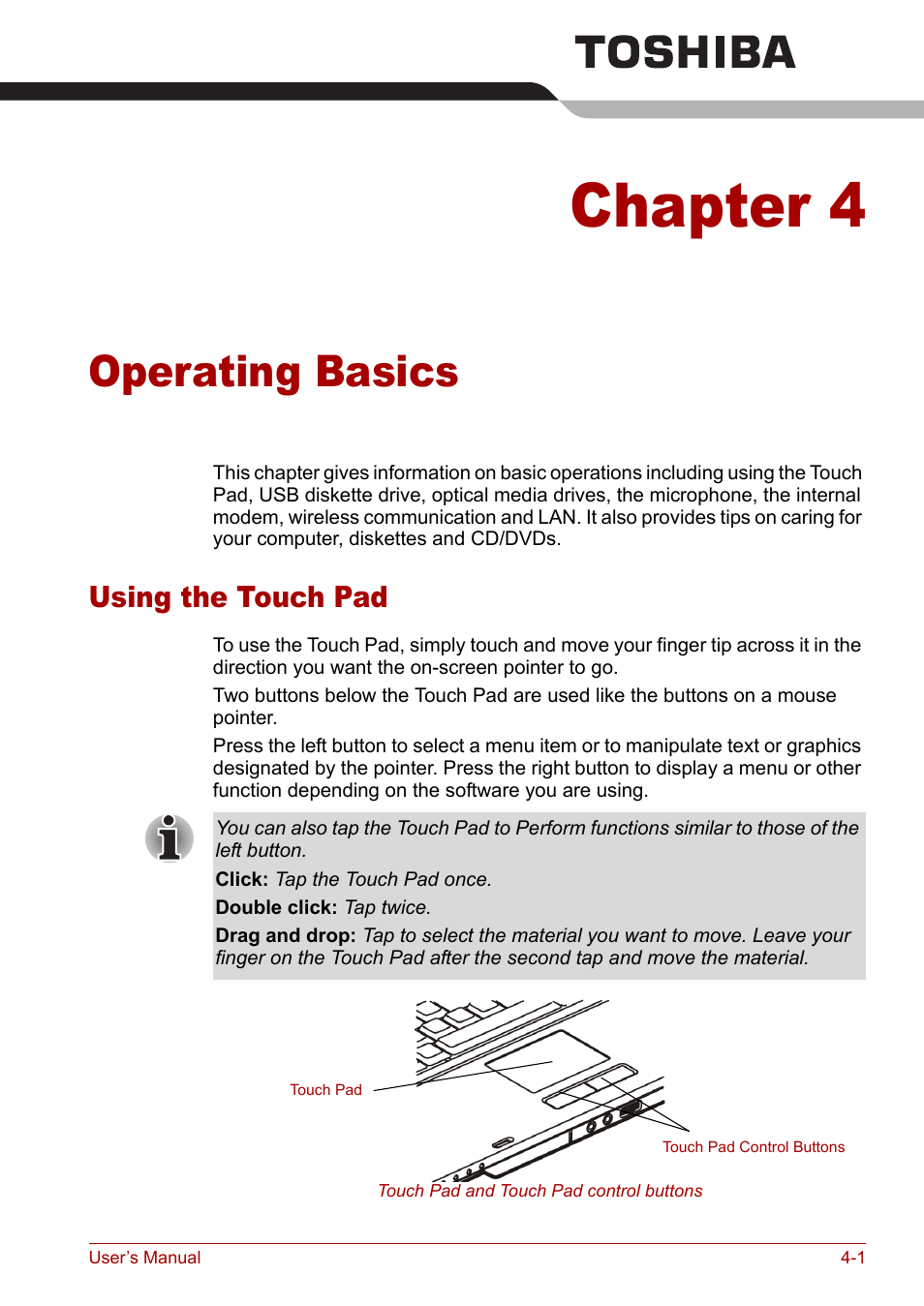 Chapter 4: operating basics, Using the touch pad, Operating basics | Inclu, Chapter 4, Using the touch pad -1 | Toshiba Satellite M40 (PSM42) User Manual | Page 65 / 191