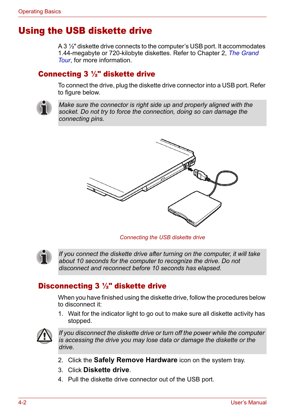 Using the usb diskette drive, Using the usb diskette drive -2, Connecting 3 ½" diskette drive | Disconnecting 3 ½" diskette drive | Toshiba Satellite M40 (PSM42) User Manual | Page 66 / 191