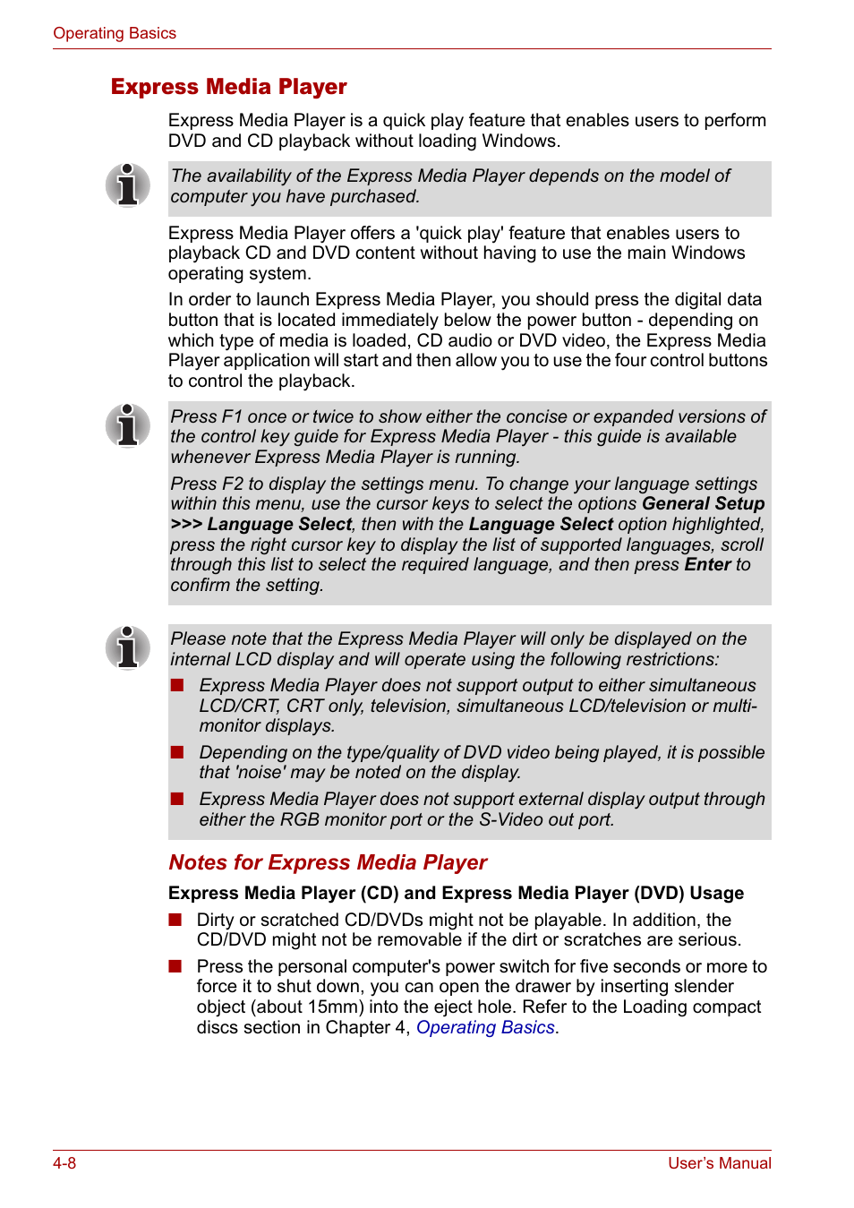 Express media player | Toshiba Satellite M40 (PSM42) User Manual | Page 72 / 191