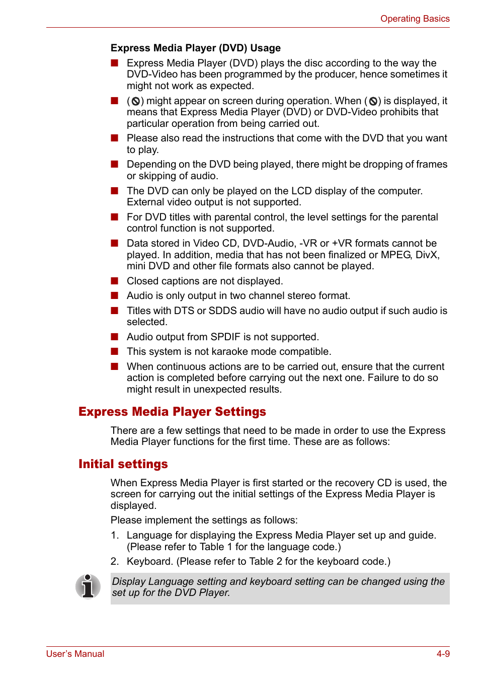 Express media player settings, Initial settings | Toshiba Satellite M40 (PSM42) User Manual | Page 73 / 191