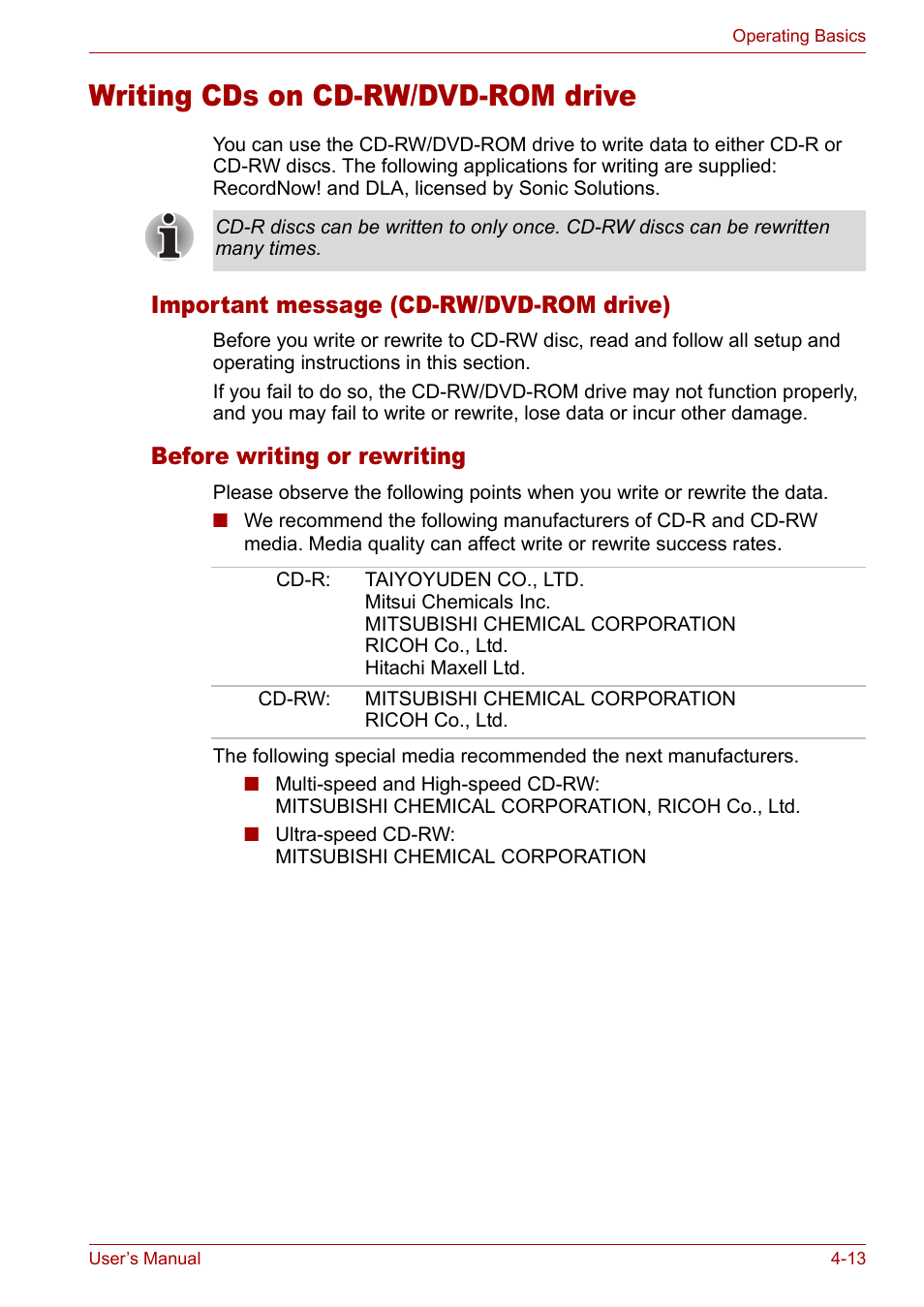 Writing cds on cd-rw/dvd-rom drive, Writing cds on cd-rw/dvd-rom drive -13, Important message (cd-rw/dvd-rom drive) | Before writing or rewriting | Toshiba Satellite M40 (PSM42) User Manual | Page 77 / 191