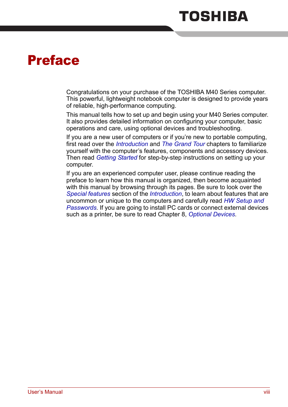 Preface | Toshiba Satellite M40 (PSM42) User Manual | Page 8 / 191
