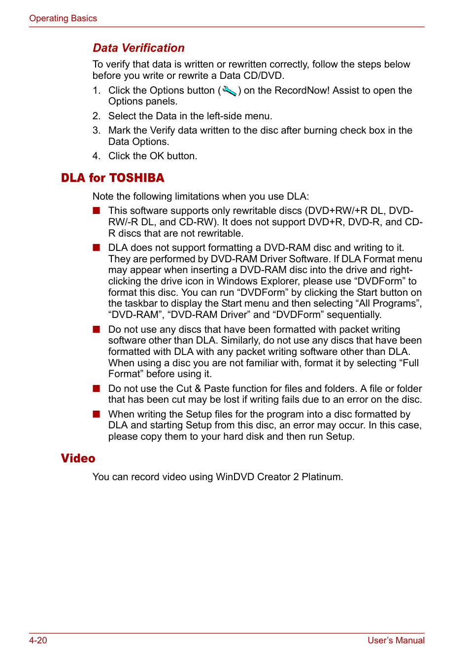 Dla for toshiba, Video | Toshiba Satellite M40 (PSM42) User Manual | Page 84 / 191