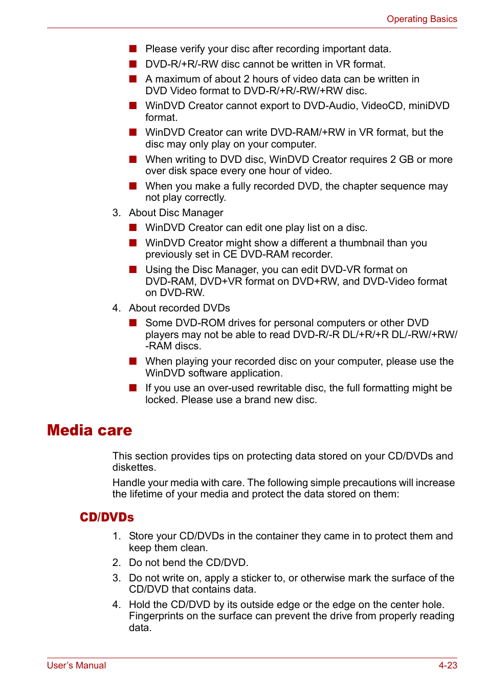 Media care, Media care -23, Cd/dvds | Toshiba Satellite M40 (PSM42) User Manual | Page 87 / 191