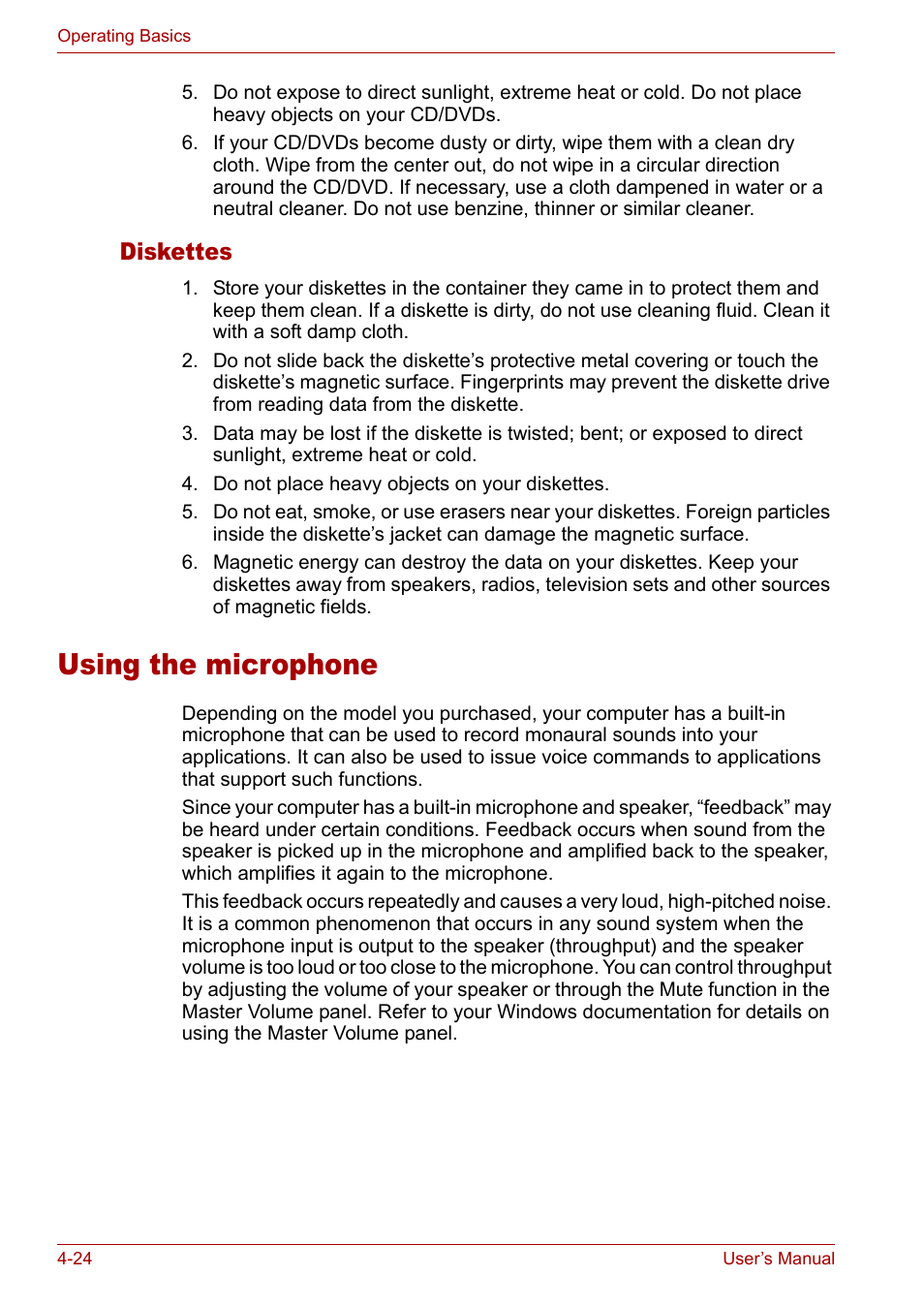 Using the microphone, Using the microphone -24, Diskettes | Toshiba Satellite M40 (PSM42) User Manual | Page 88 / 191