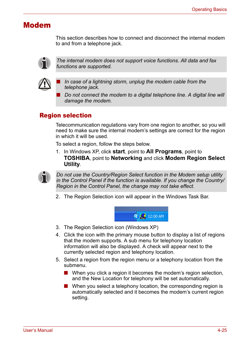 Modem, Modem -25, Region selection | Toshiba Satellite M40 (PSM42) User Manual | Page 89 / 191