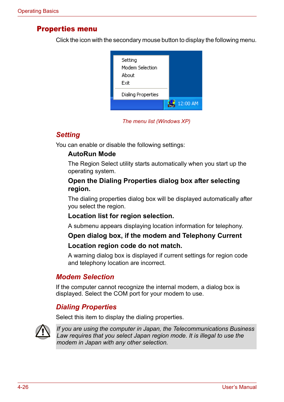 Properties menu | Toshiba Satellite M40 (PSM42) User Manual | Page 90 / 191