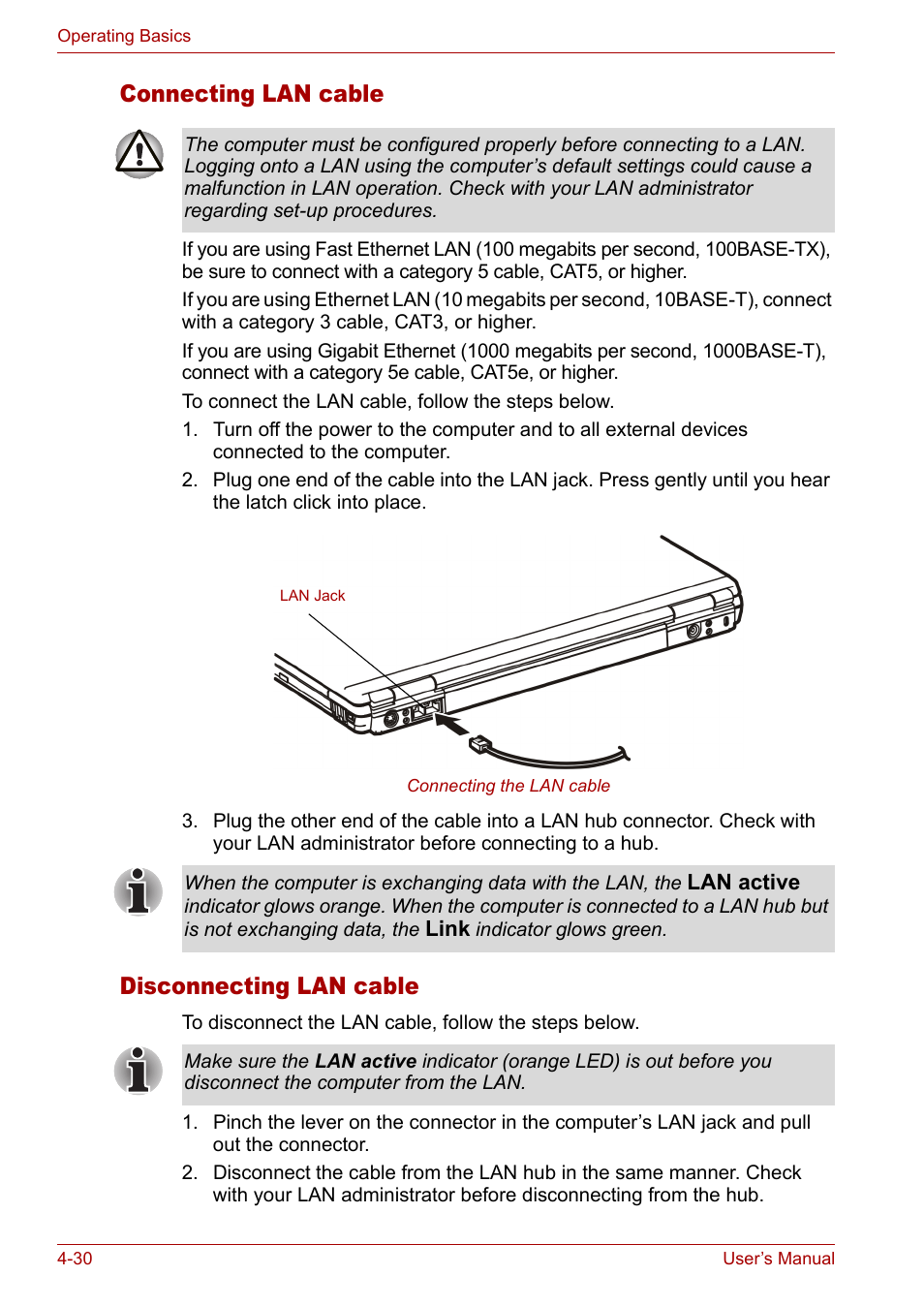 Connecting lan cable, Disconnecting lan cable | Toshiba Satellite M40 (PSM42) User Manual | Page 94 / 191