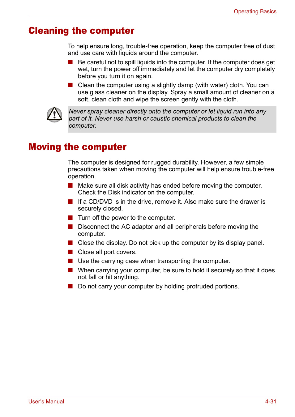 Cleaning the computer, Moving the computer, Cleaning the computer -31 moving the computer -31 | Toshiba Satellite M40 (PSM42) User Manual | Page 95 / 191
