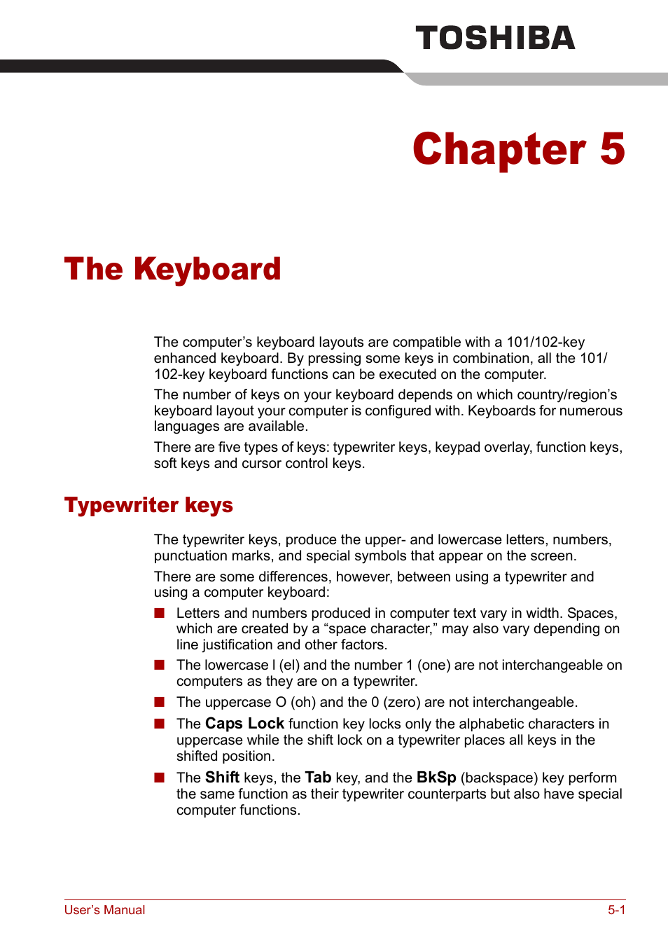 Chapter 5: the keyboard, Typewriter keys, The keyboard | Describ, Chapter 5, Typewriter keys -1, Keyboard | Toshiba Satellite M40 (PSM42) User Manual | Page 97 / 191