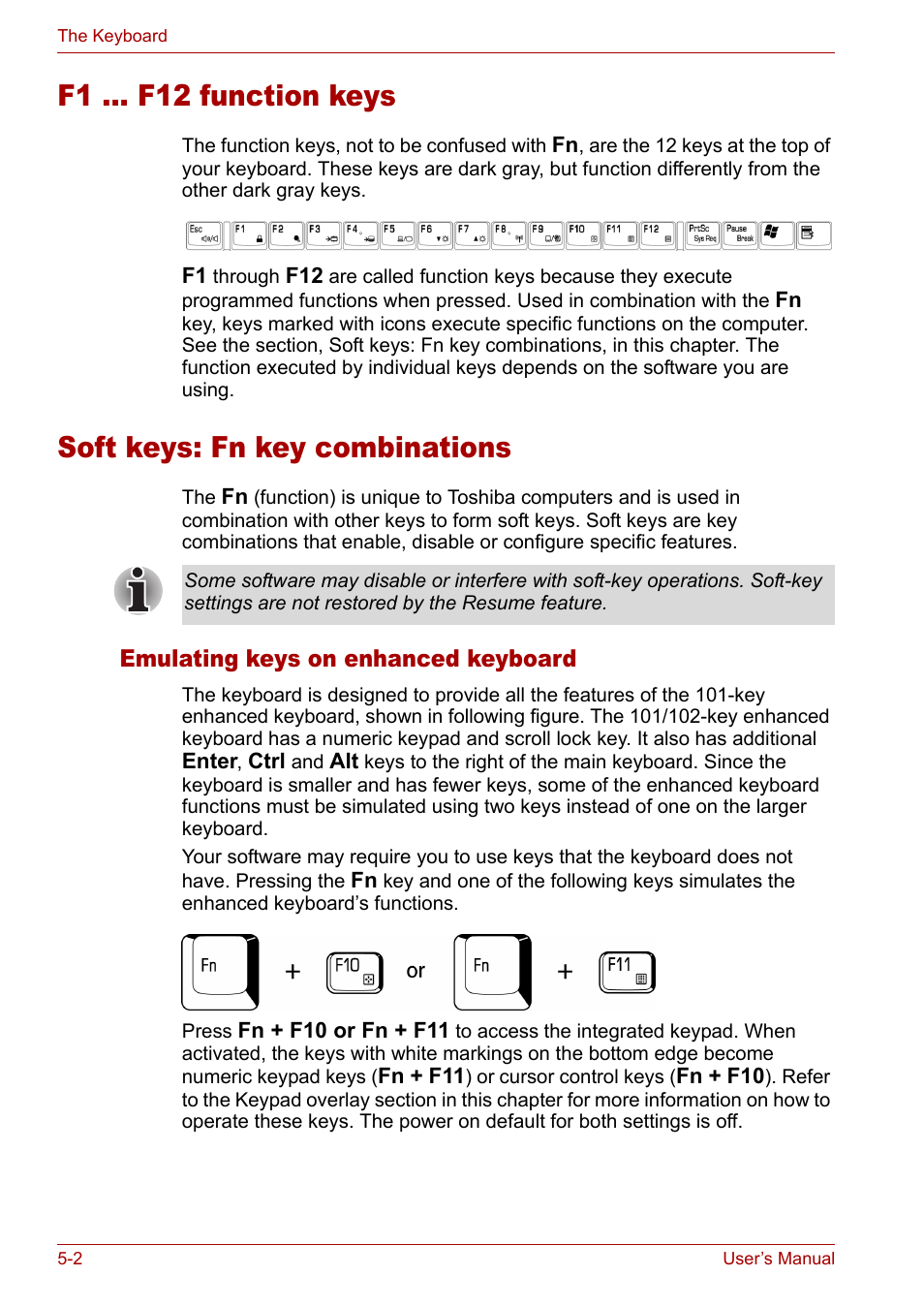 F1 ... f12 function keys, Soft keys: fn key combinations | Toshiba Satellite M40 (PSM42) User Manual | Page 98 / 191