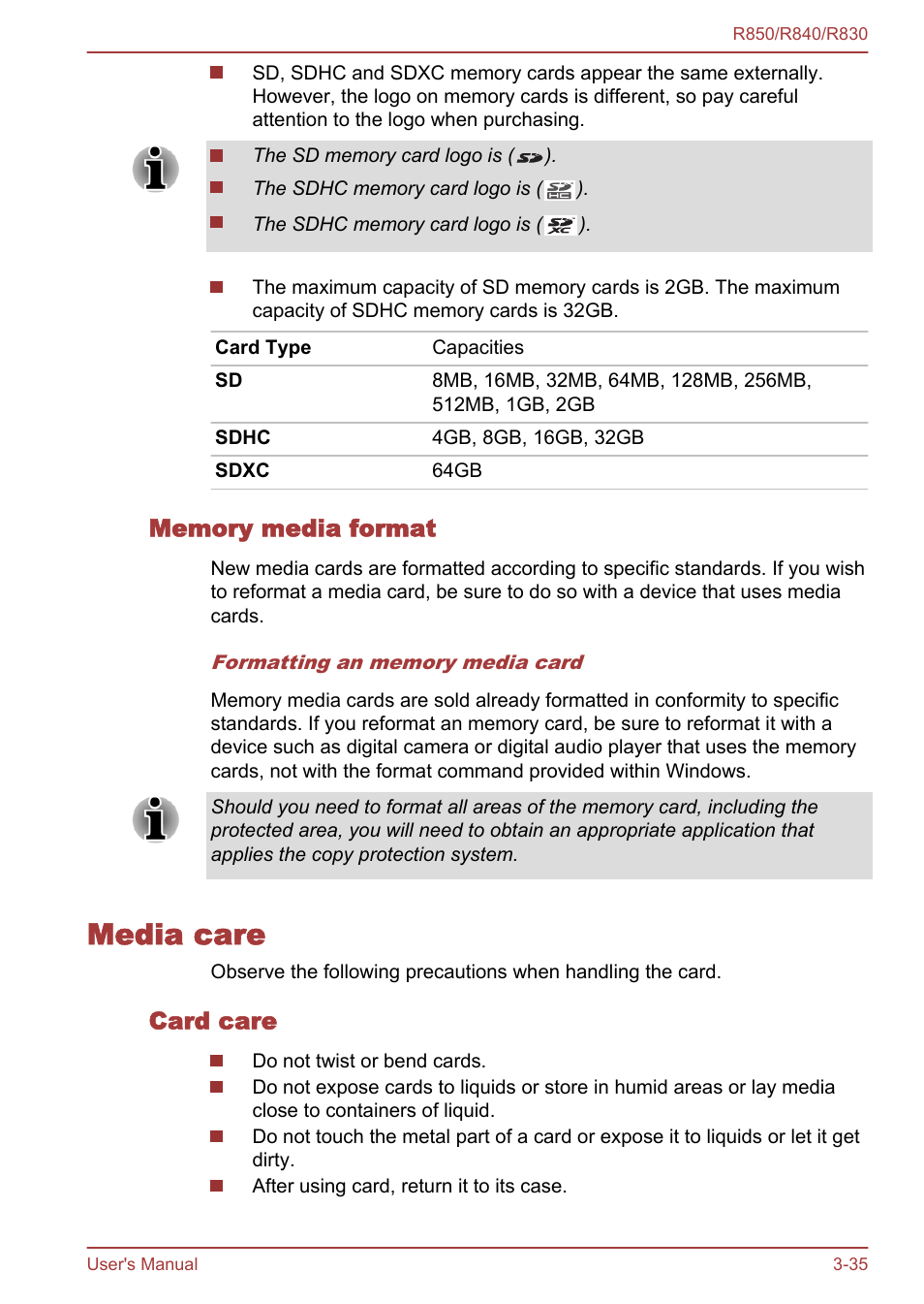 Memory media format, Media care, Card care | Media care -35 | Toshiba Tecra R850 User Manual | Page 100 / 208