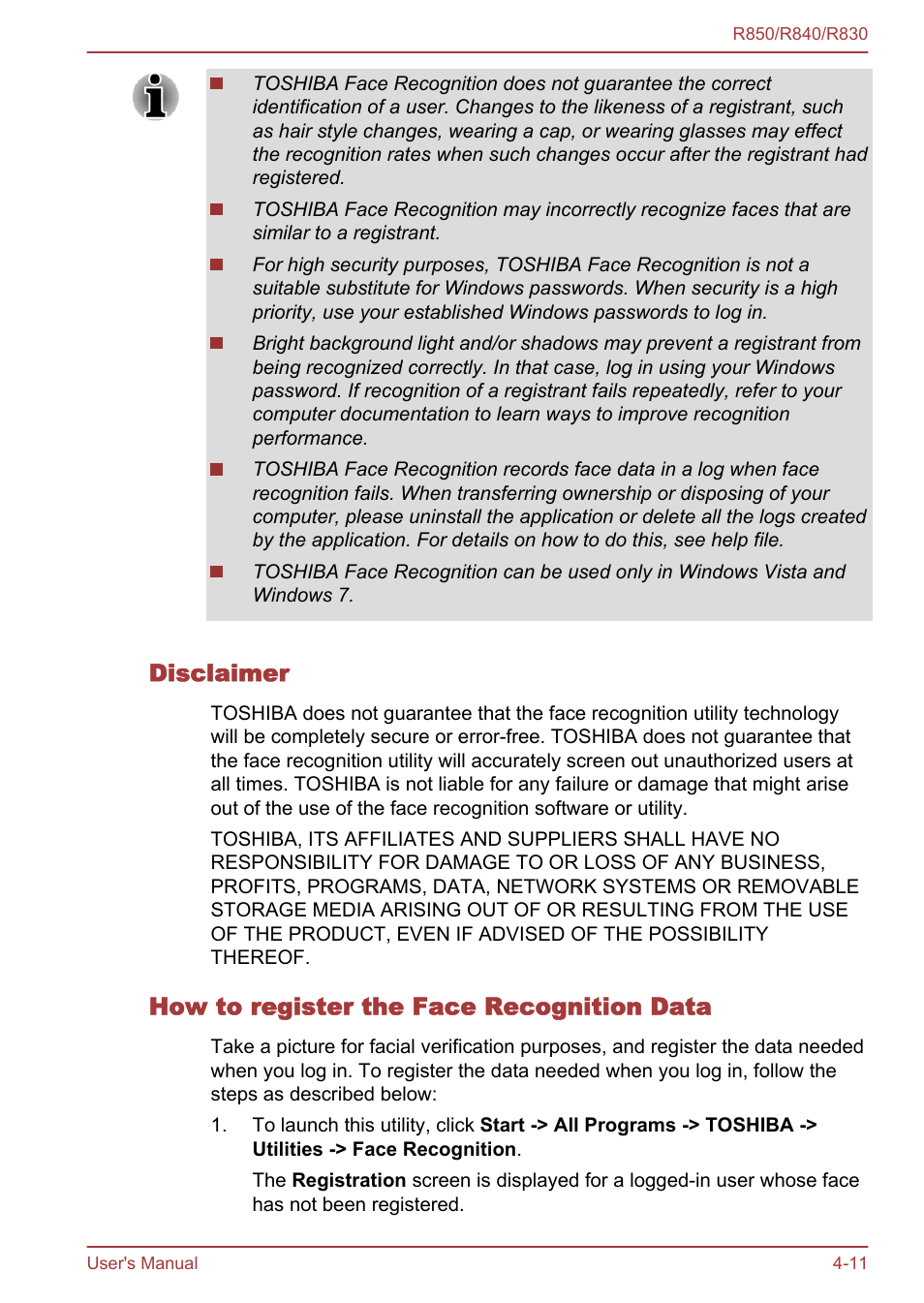 Disclaimer, How to register the face recognition data | Toshiba Tecra R850 User Manual | Page 129 / 208