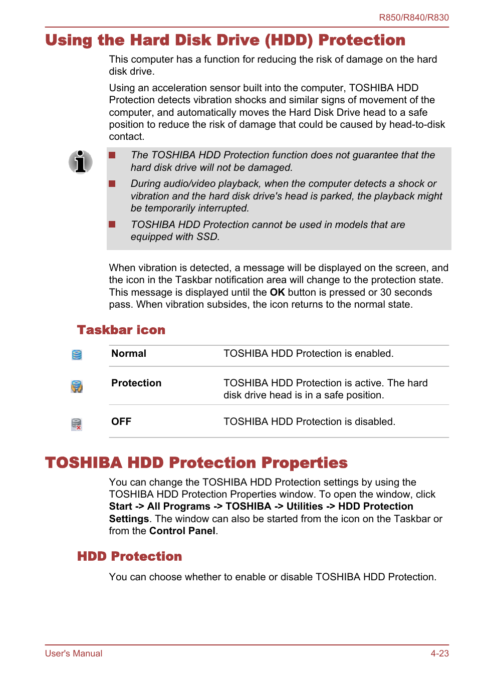 Using the hard disk drive (hdd) protection, Taskbar icon, Toshiba hdd protection properties | Hdd protection, To-disk contact. refer to the, Using the hard disk, Drive (hdd) protection, Section for more details | Toshiba Tecra R850 User Manual | Page 141 / 208