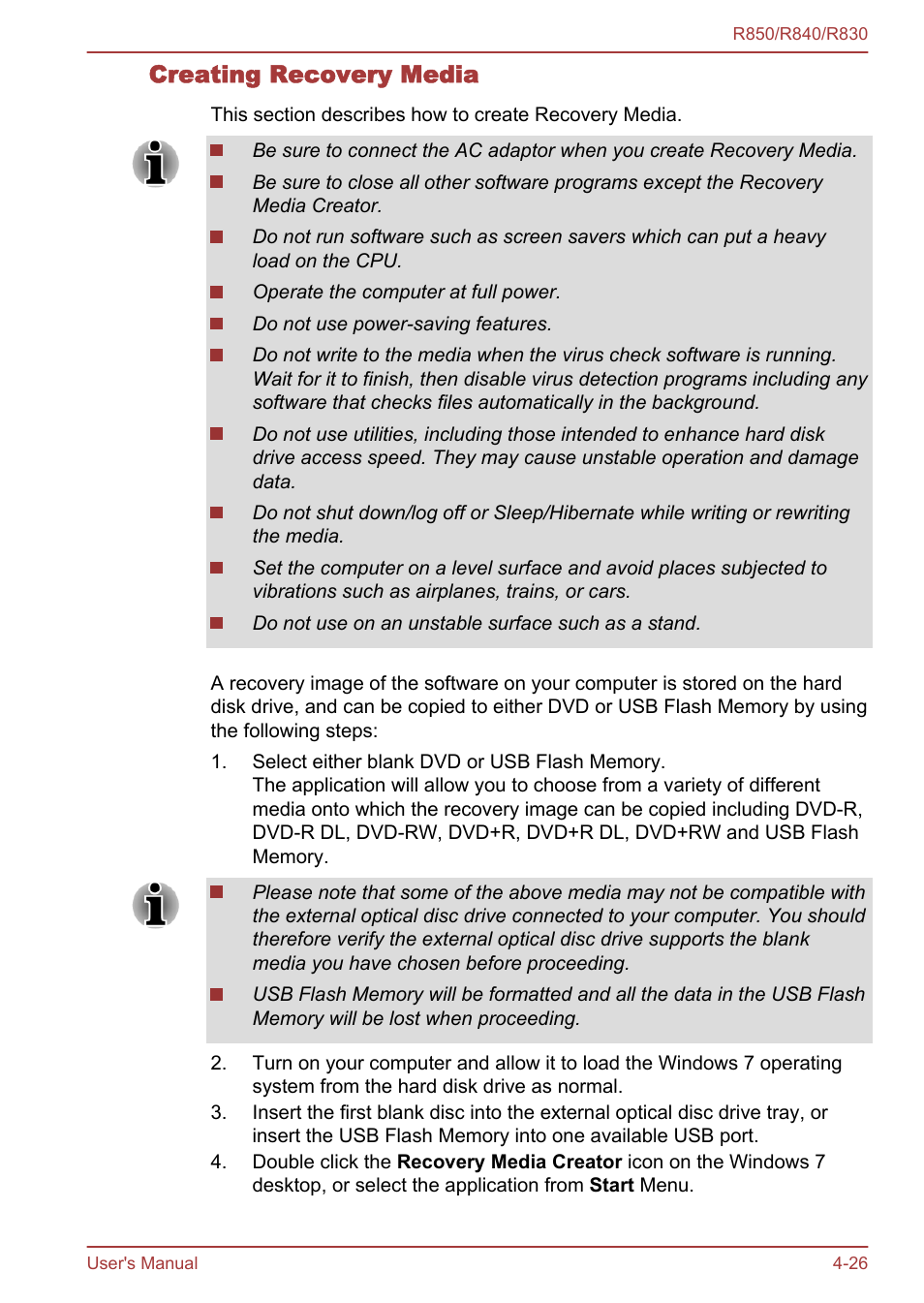 Creating recovery media | Toshiba Tecra R850 User Manual | Page 144 / 208