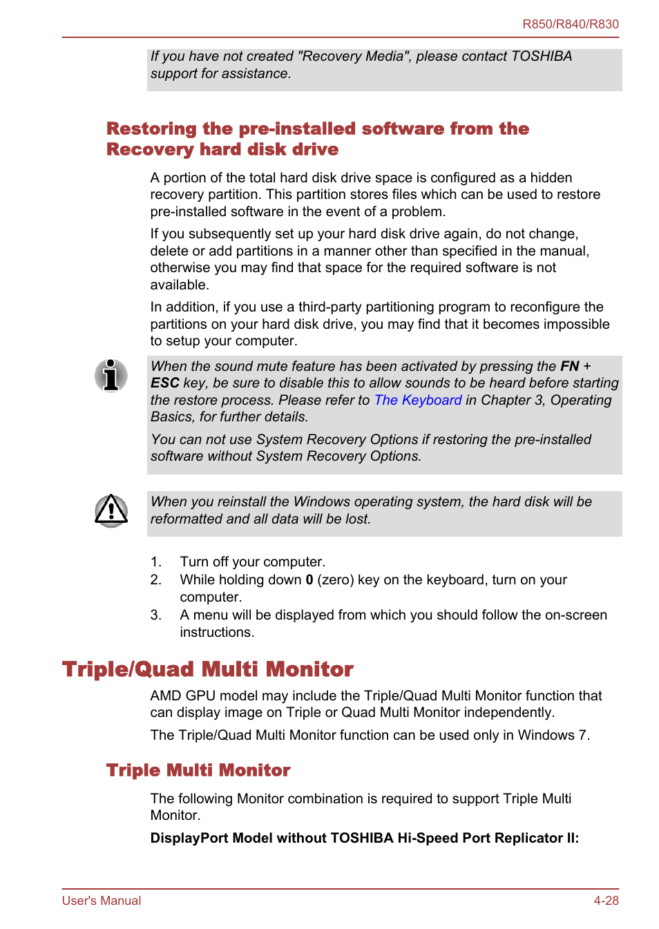 Triple/quad multi monitor, Triple multi monitor, Triple/quad multi monitor -28 | Toshiba Tecra R850 User Manual | Page 146 / 208