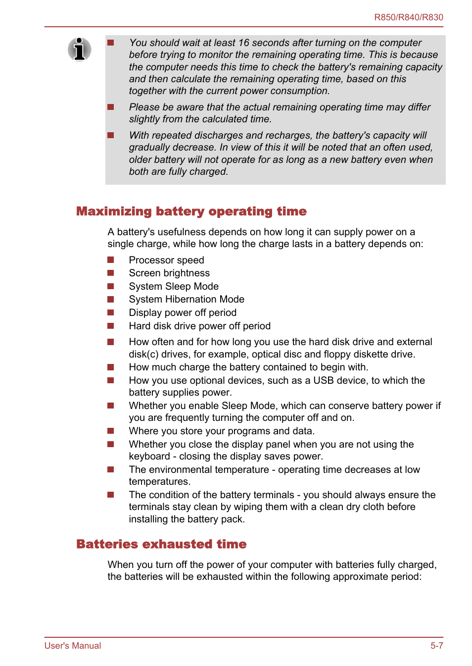 Maximizing battery operating time, Batteries exhausted time | Toshiba Tecra R850 User Manual | Page 154 / 208