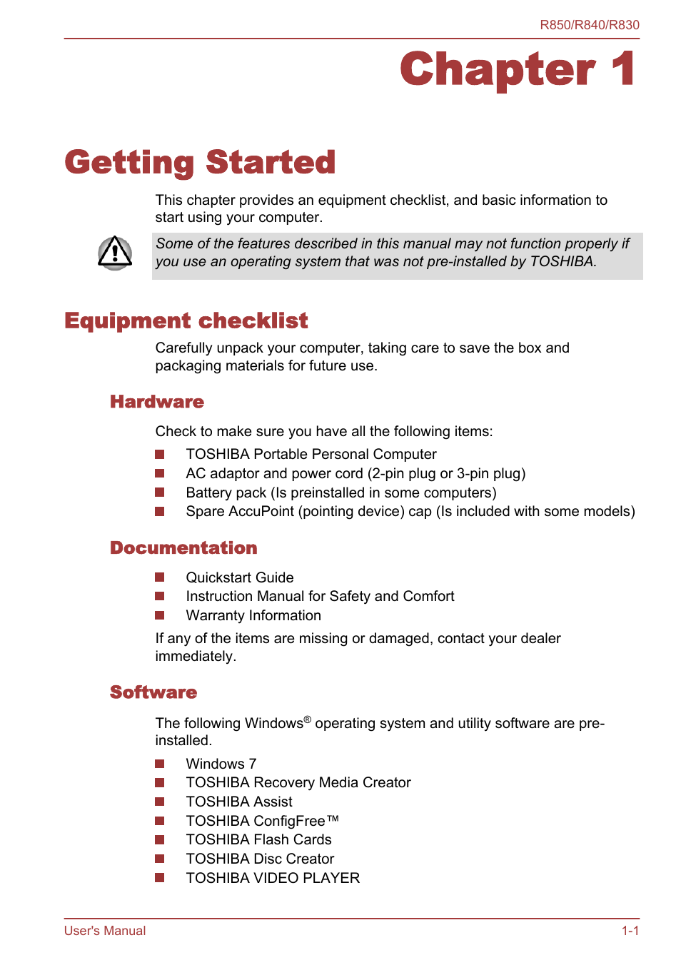 Chapter 1 getting started, Equipment checklist, Hardware | Documentation, Software, Chapter 1, Getting started, Equipment checklist -1 | Toshiba Tecra R850 User Manual | Page 18 / 208