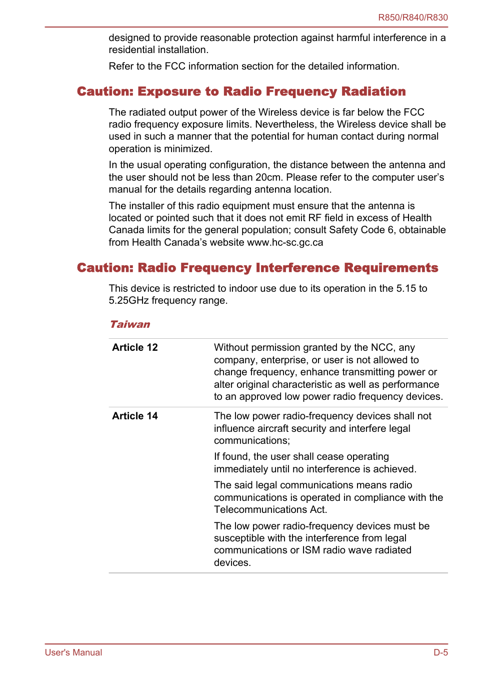 Caution: exposure to radio frequency radiation, Caution: radio frequency interference requirements | Toshiba Tecra R850 User Manual | Page 190 / 208